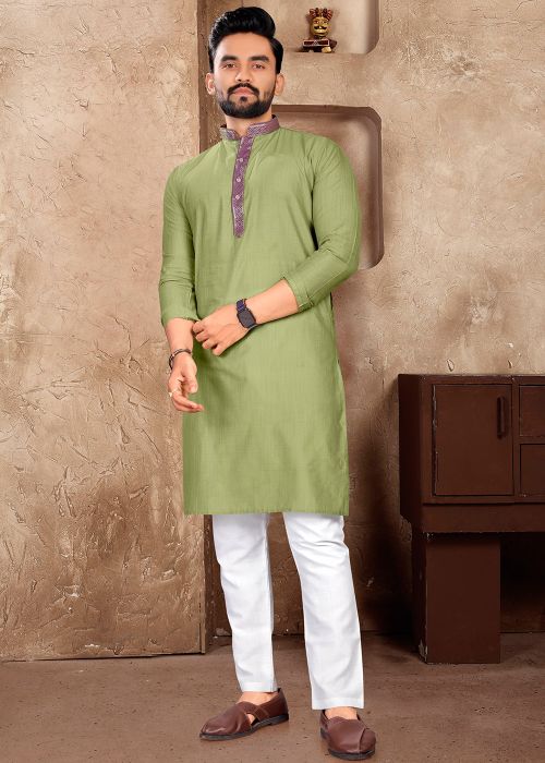 Green Men Readymade Plain Kurta Pant Set