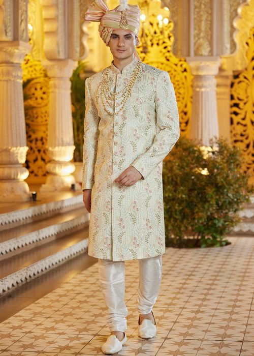Pista Green Embroidered Sherwani Set In Art Silk