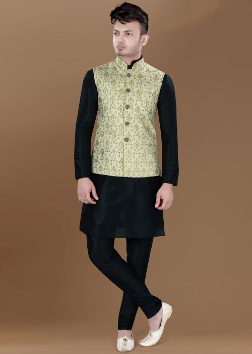 Black Kurta Pajama With Woven Nehru Jacket