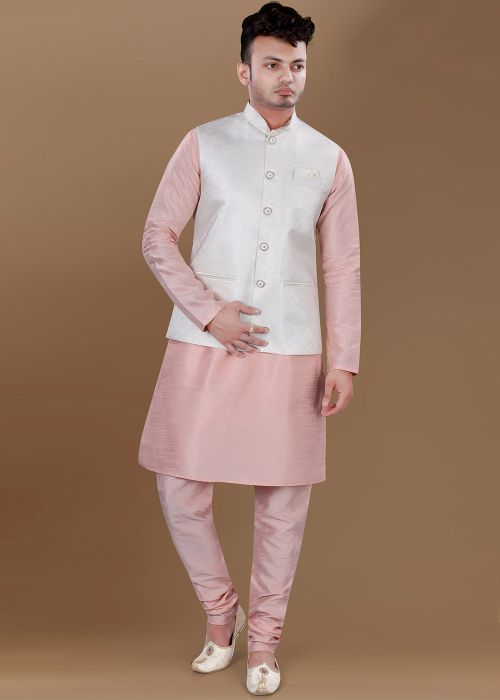 Pink Men Kurta Pajama With Woven Nehru Jacket