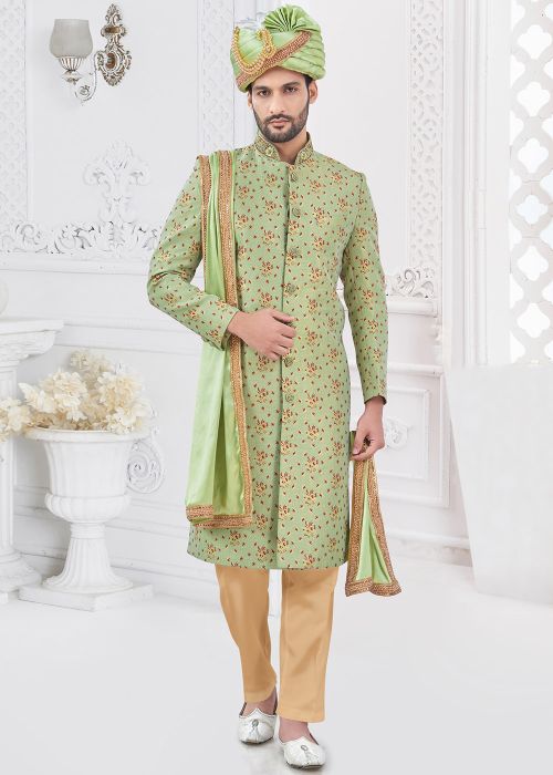 Green Jacquard Woven Sherwani Set For Men