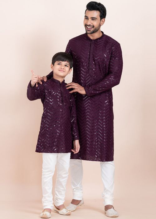 Purple Embroidered Father & Son Kurta Pajama Set