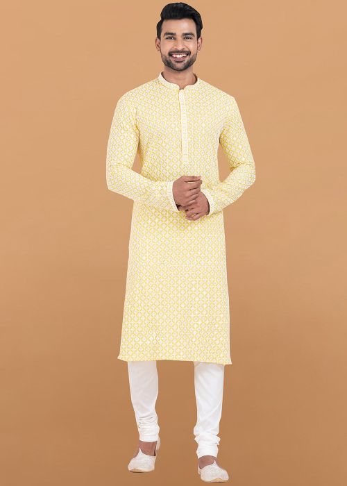 Yellow Embroidered Men Kurta Pajama In Rayon