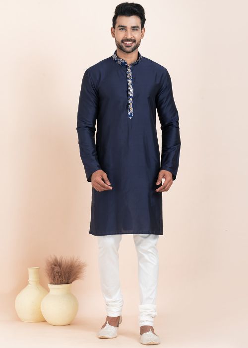 Navy Blue Men Viscose Kurta Pajama