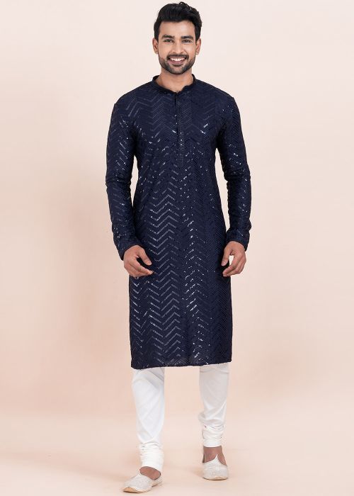 Navy Blue Men Kurta Pajama In Sequins Work