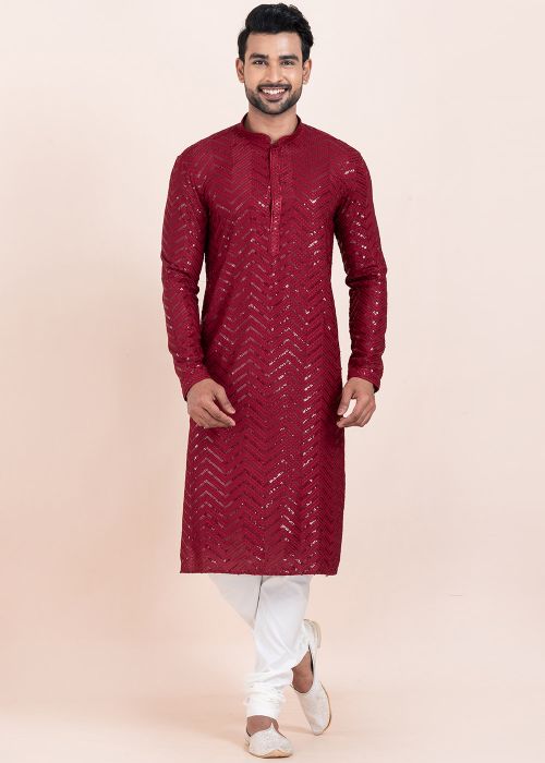 Maroon Men Kurta Pajama In Sequins Work