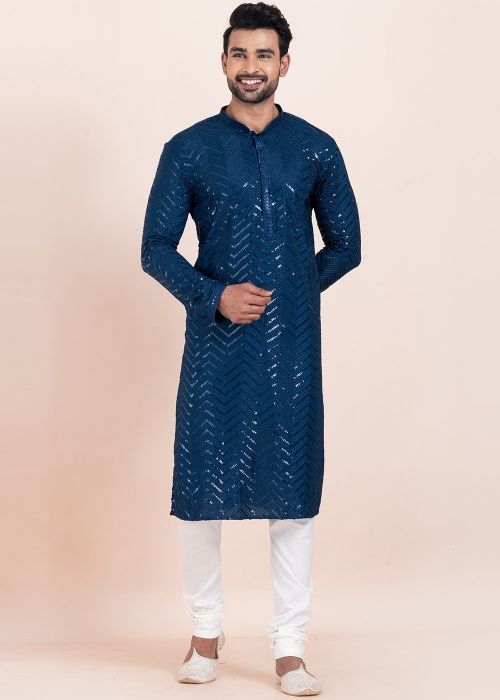 Blue Men Kurta Pajama In Sequins Work
