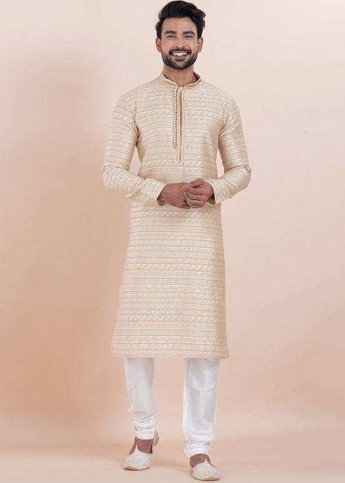 Beige Zari Woven Kurta Pajama In Jacquard