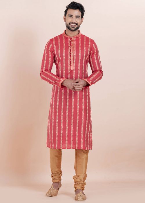 Red Zari Woven Men Kurta Pajama