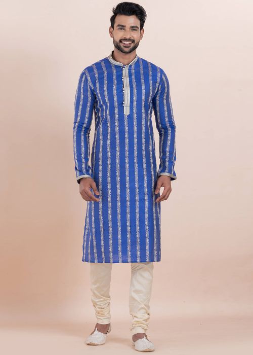 Blue Zari Woven Kurta Pajama In Cotton