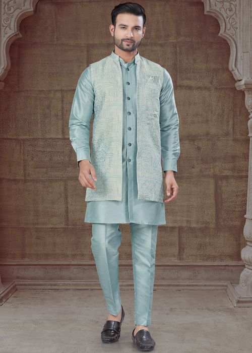 Blue Woven Jacket Style Indo Western Sherwani