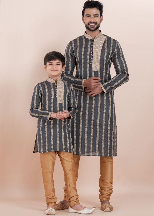 Black Zari Woven Father & Son Kurta Pajama