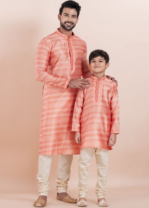 Pink Zari Woven Father & Son Kurta Pajama