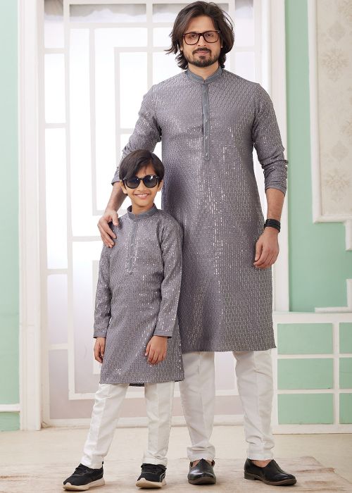 Grey Readymade Father & Son Embroidered Kurta Pajama Set