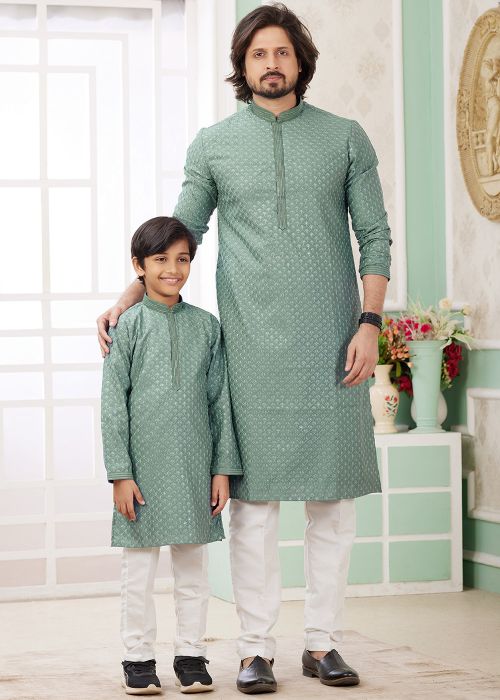 Sage Green Embroidered Father & Son Readymade Kurta Pajama