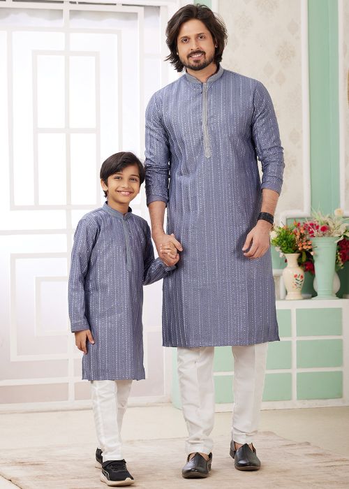 Powder Blue Embroidered Father & Son Readymade Kurta Pajama