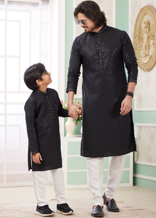Black Embellished Father & Son Readymade Kurta Pajama Set