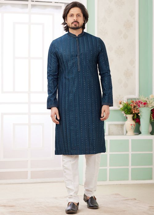 Teal Green Embellished Men Readymade Kurta Pajama