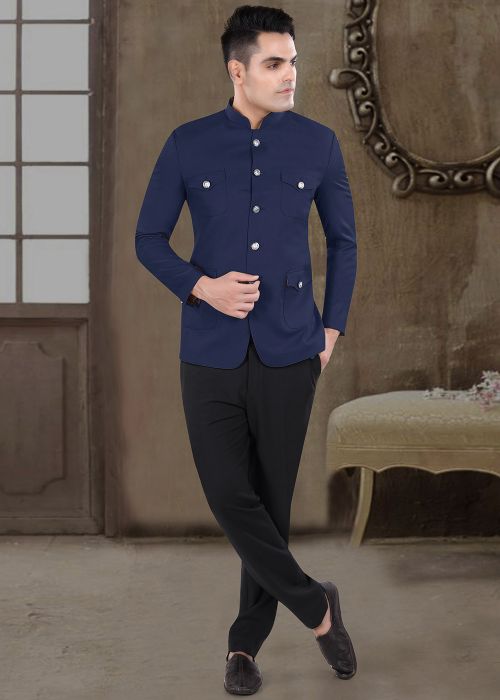 Blue Readymade Bandhgala Jodhpuri In Viscose
