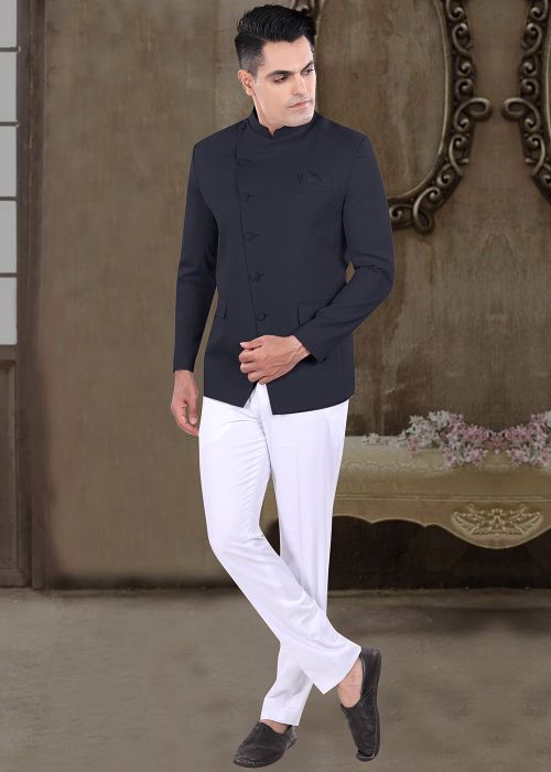 Blue Readymade Bandhgala Jodhpuri In Viscose