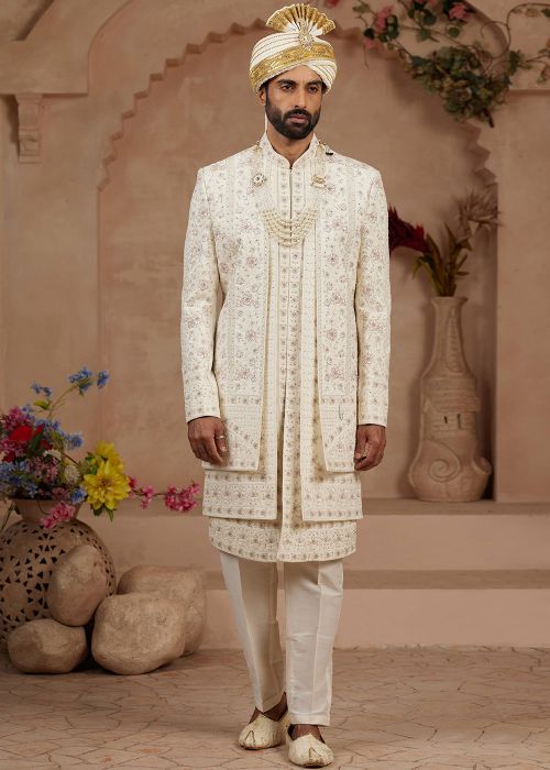 Cream Embellished Sherwani Set In Silk