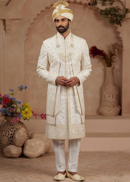 Cream Embroidered Groom Sherwani Set