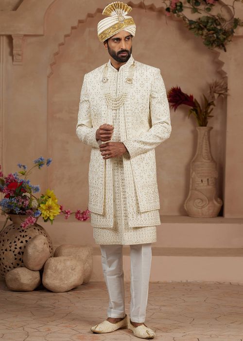 Cream Readymade Groom Embroidered Sherwani Set