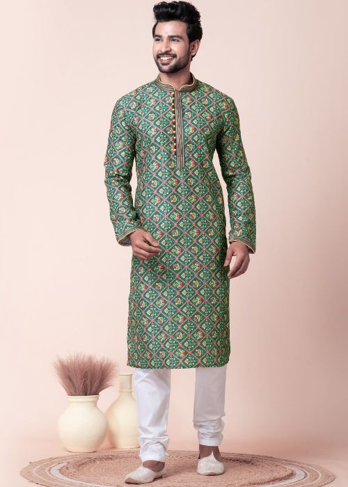  Green Men Printed Cotton Kurta Pajama 