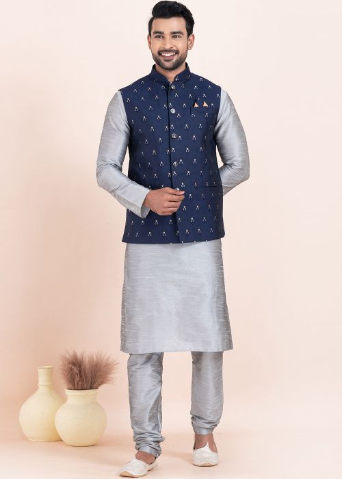 Grey Men Kurta Pajama With Woven Nehru Jacket