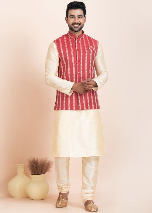 Cream Men Kurta Pajama With Woven Nehru Jacket