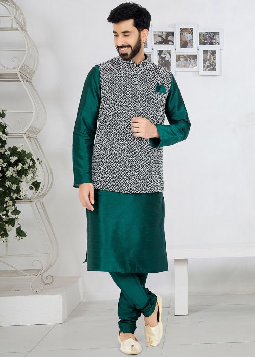Green Embroidered Kurta Pajama With Nehru Jacket
