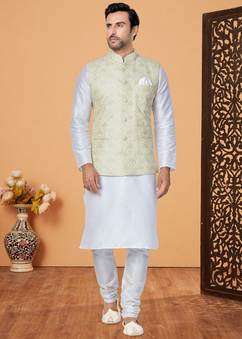 White Men Kurta Pajama With Nehru Jacket