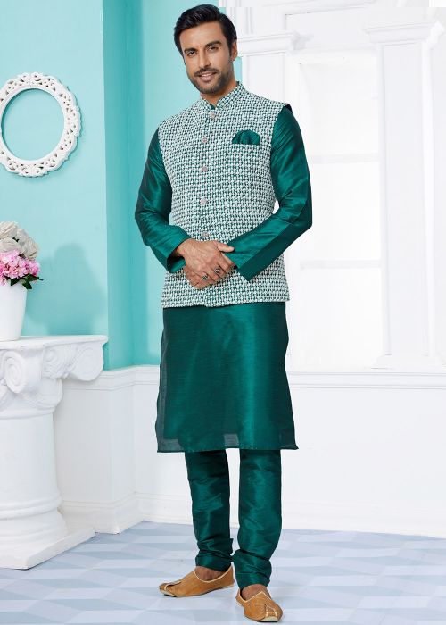 Green Embroidered Kurta Pajama With Nehru Jacket
