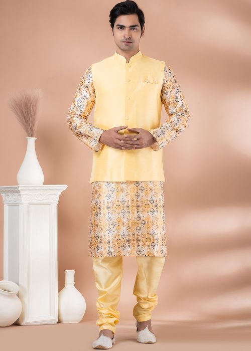 Cream Men Printed Kurta Pajama With Nehru Jacket