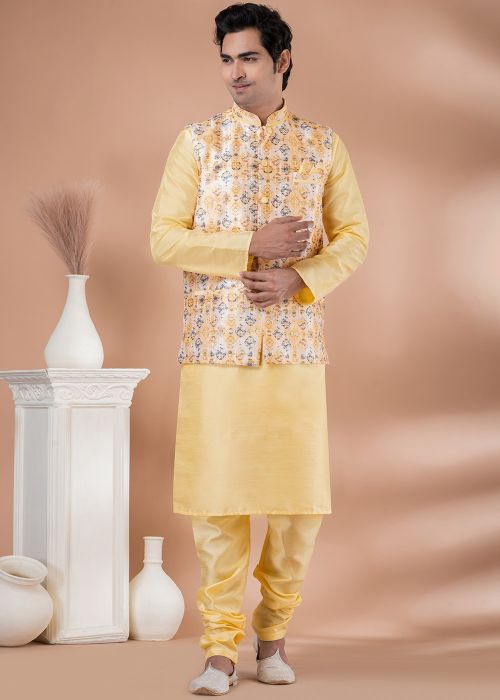 Cream Kurta Pajama With Printed Nehru Jacket