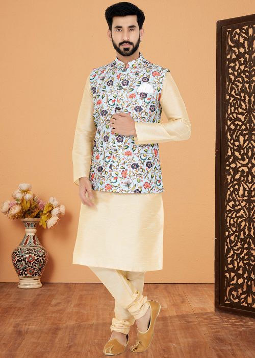 Cream Kurta Pajama With Floral Print Nehru Jacket