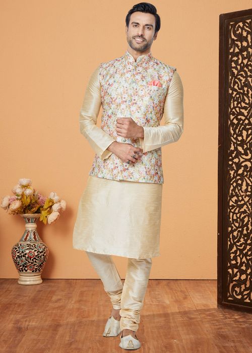 Cream Kurta Pajama With Print Nehru Jacket