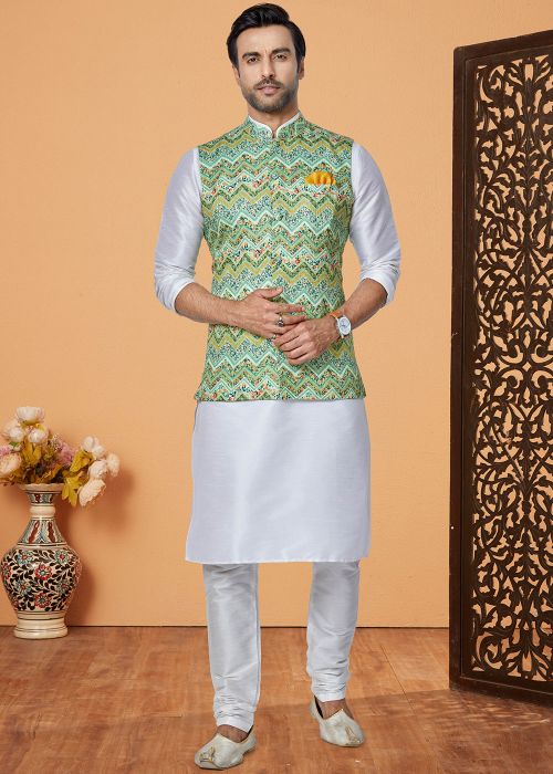 Off White Kurta Pajama With Printed Nehru Jacket
