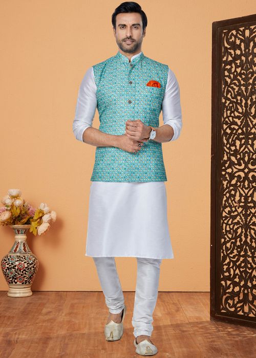 Off White Kurta Pajama With Printed Nehru Jacket