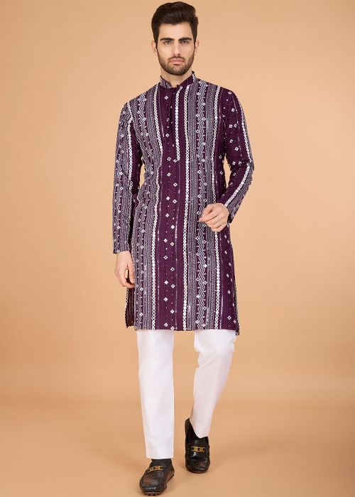 Wine Readymade Embroidered Men Kurta