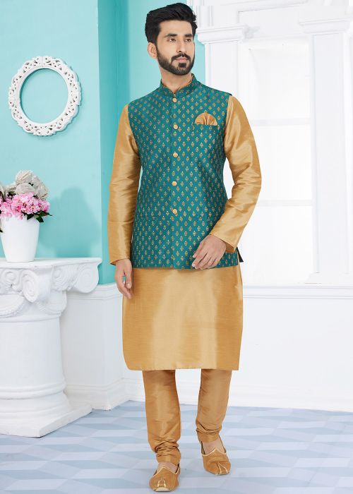 Men Brown Kurta Pajama With Teal Blue Nehru Jacket