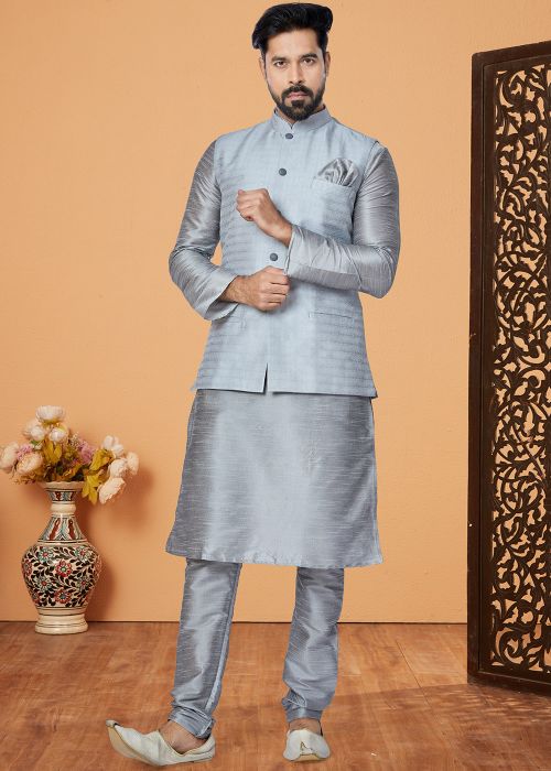 Grey Kurta Pajama Set With Woven Nehru Jacket