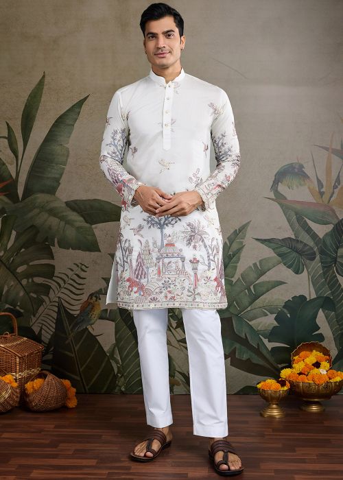 White Sequin Work Men Kurta In Viscose