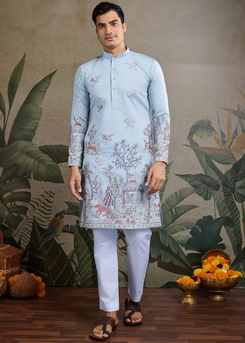 Blue Embroidered Viscose Kurta
