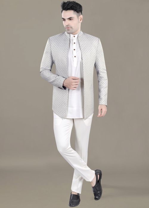 White Men Kurta Pajama With Jodhupuri Suit