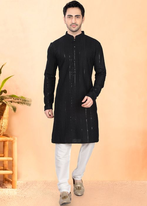 Black Embellished Kurta Pajama For Men