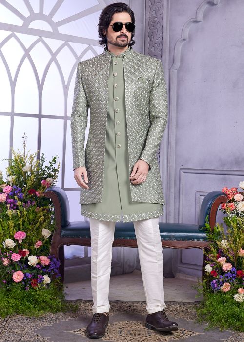 Green Embroidered Jacket Style Indo Western Sherwani