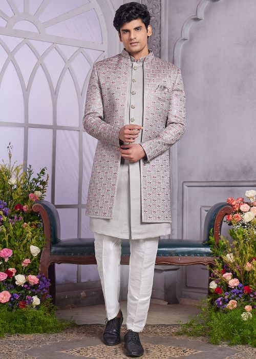 Grey Embroidered Jacket Style Indo Western Sherwani
