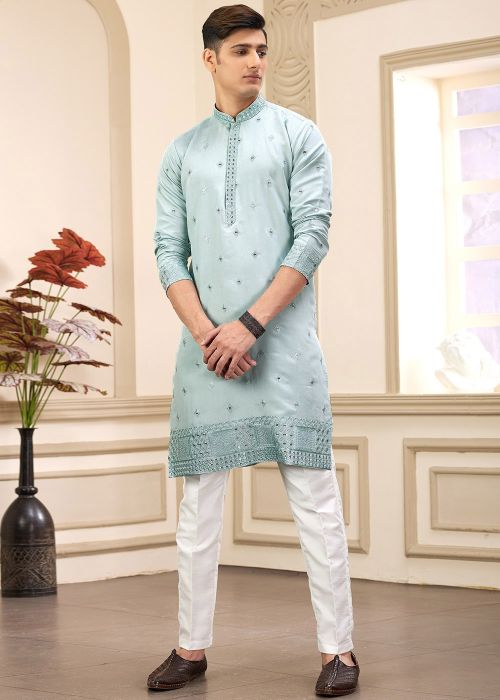 Sea Green Embroidered Kurta Pajama In Art Silk