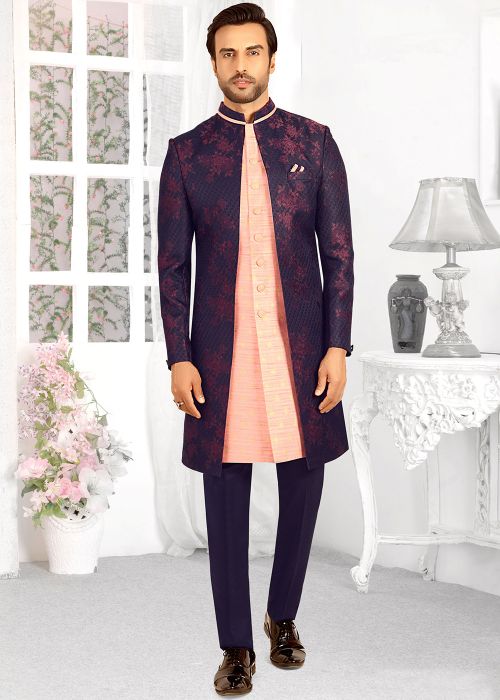 Peach Woven Jacket Style Indo Western Sherwani
